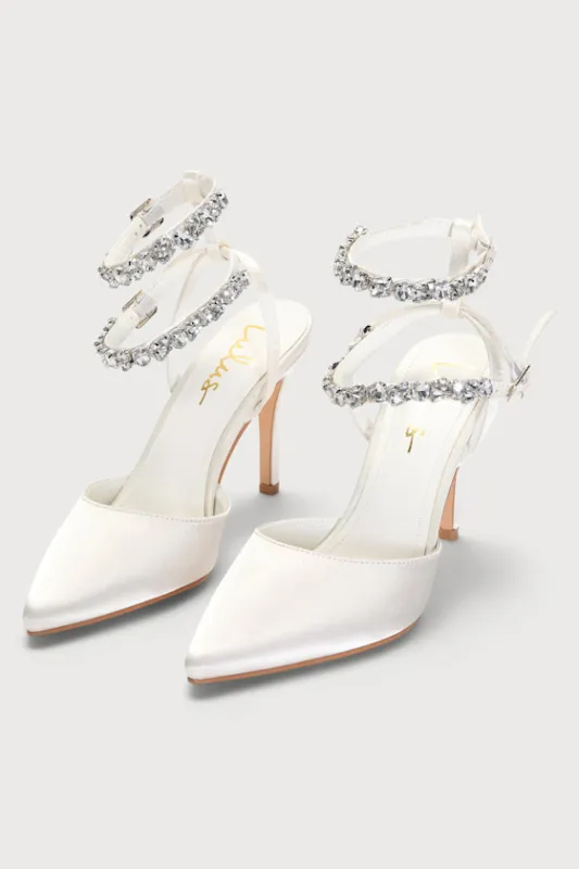 Syene White Satin Rhinestone Pointed-Toe Ankle Strap Heels sold by Lulus