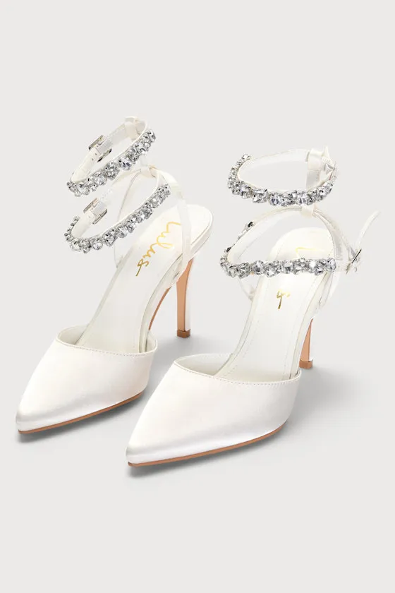 Syene White Satin Rhinestone Pointed-Toe Ankle Strap Heels sold by Lulus