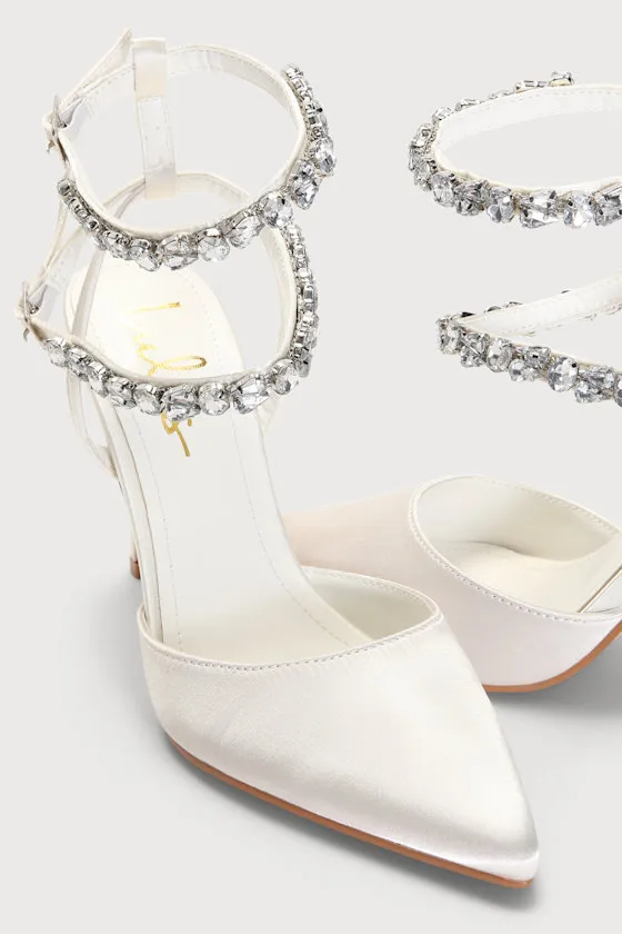 Syene White Satin Rhinestone Pointed-Toe Ankle Strap Heels sold by Lulus product image thumbnail 4