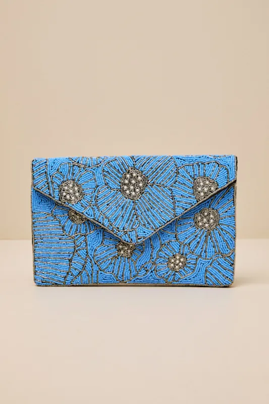 Alden Bright Blue Floral Beaded Clutch sold by Lulus