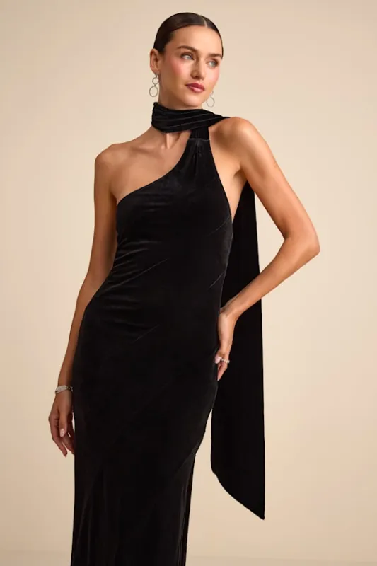Eleni Black Velvet One-Shoulder Sash Maxi Dress sold by Lulus