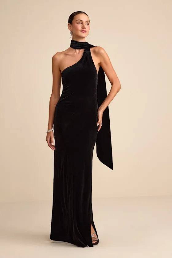 Eleni Black Velvet One-Shoulder Sash Maxi Dress sold by Lulus product image thumbnail 2