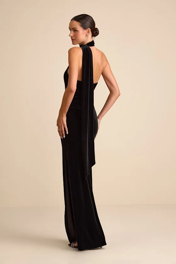 Eleni Black Velvet One-Shoulder Sash Maxi Dress sold by Lulus product image thumbnail 4