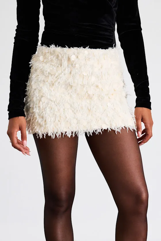 Rowely Ivory Feather Sequin Low-Rise Mini Skirt sold by Lulus product image thumbnail 4