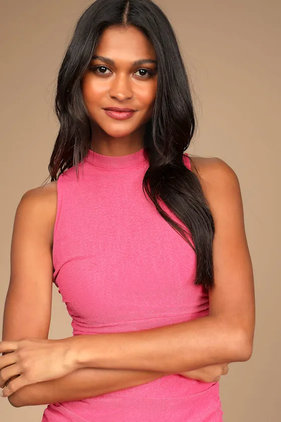 Modern Movement Hot Pink Mesh Ruched Mock Neck Mini Dress sold by Lulus product image thumbnail 2