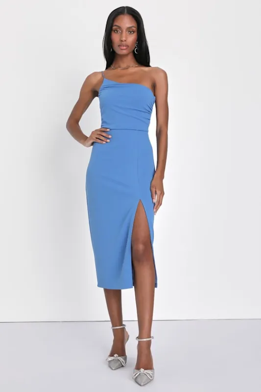 Elegant Allure Slate Blue One-Shoulder Sleeveless Midi Dress sold by Lulus
