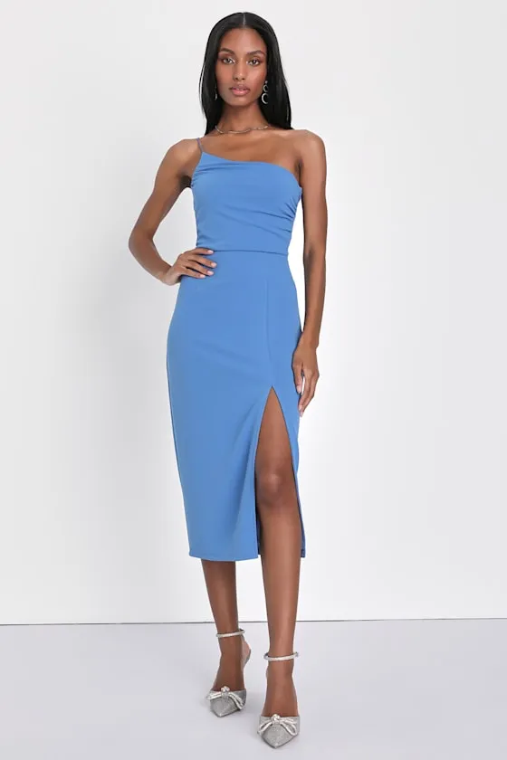 Elegant Allure Slate Blue One-Shoulder Sleeveless Midi Dress sold by Lulus