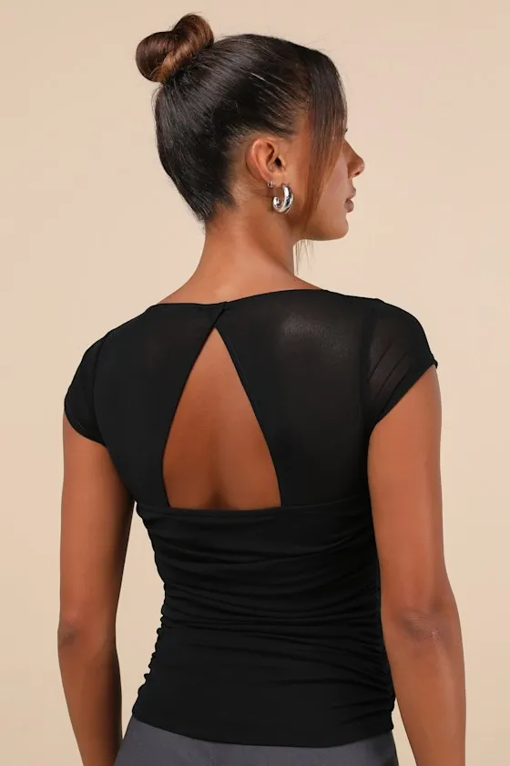 Exceptional Flirtation Black Mesh Ruched Cutout Short Sleeve Top sold by Lulus product image thumbnail 2