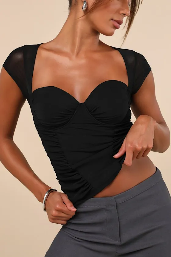 Exceptional Flirtation Black Mesh Ruched Cutout Short Sleeve Top sold by Lulus product image thumbnail 4
