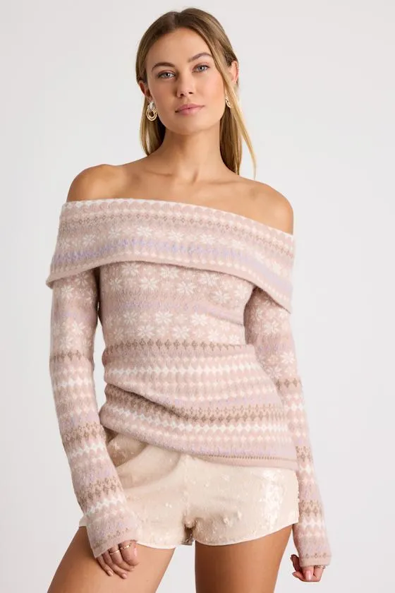 Edine Blush Fair Isle Off-the-Shoulder Sweater Top sold by Lulus