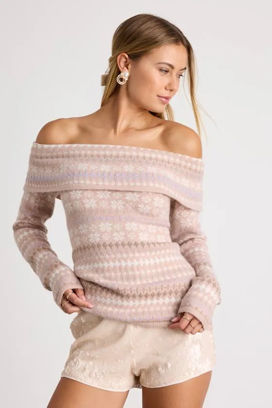 Edine Blush Fair Isle Off-the-Shoulder Sweater Top sold by Lulus product image thumbnail 4