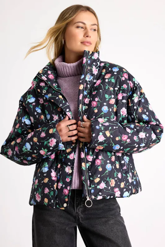 Linaya Black Floral Zip-Front Puffer Jacket made by Lulus