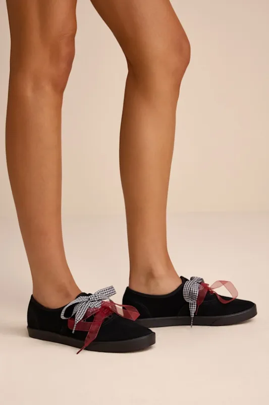 Authentic Lowpro Bow Black Suede Lace-Up Sneakers sold by Lulus