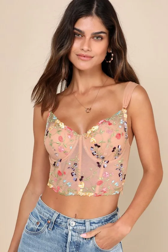 Sultry Beauty Beige Floral Embroidered Mesh Bustier Top sold by Lulus