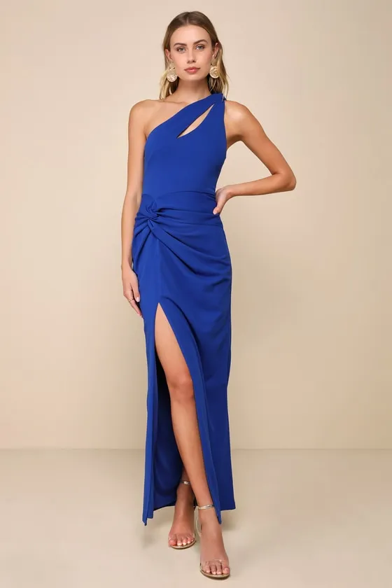 Phenomenal Allure Blue One-Shoulder Knotted Maxi Dress sold by Lulus