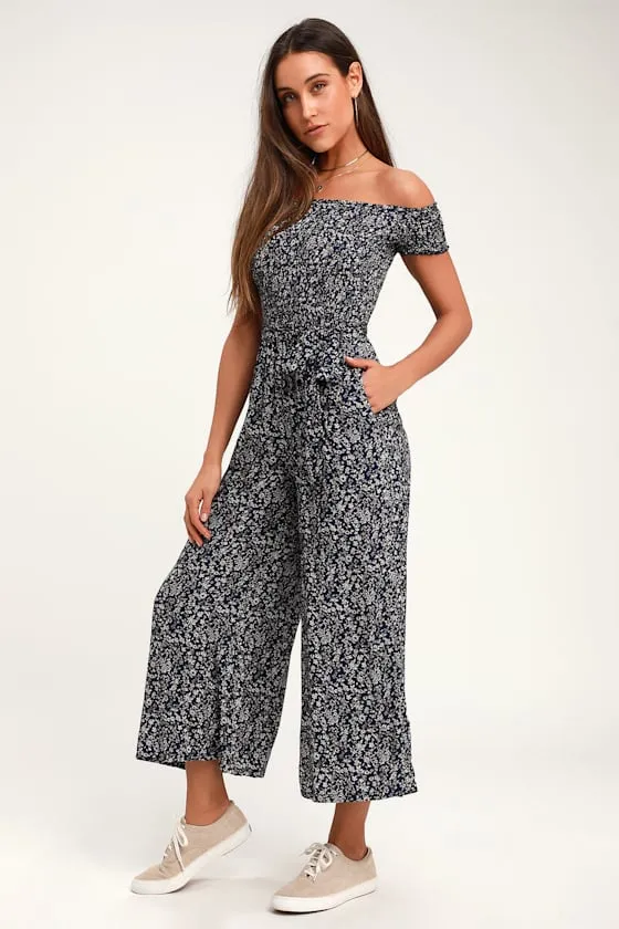 Behold Navy Blue Floral Print Off-the-Shoulder Jumpsuit sold by Lulus product image thumbnail 3
