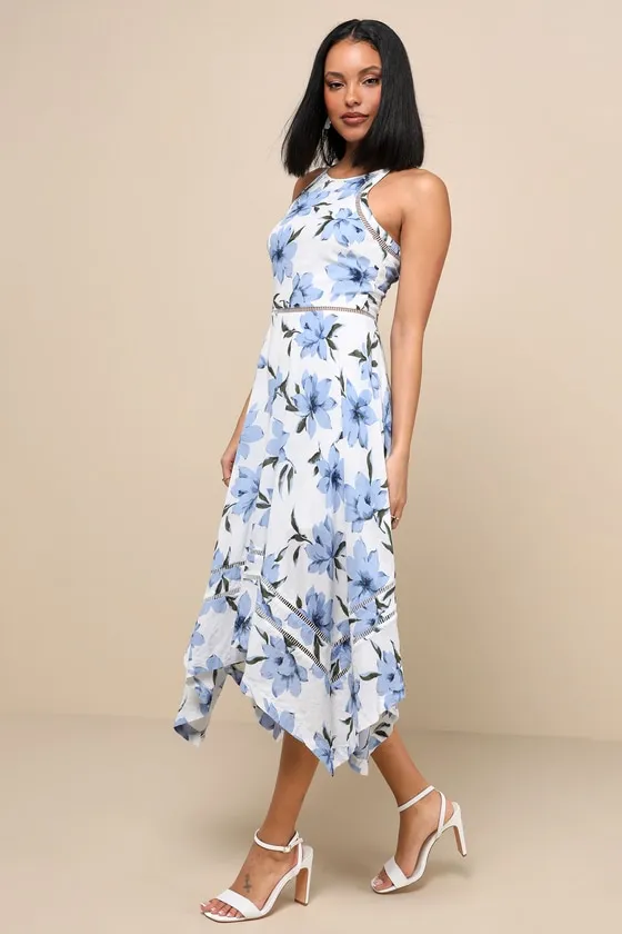 Zahara Blue and White Floral Print Midi Dress sold by Lulus