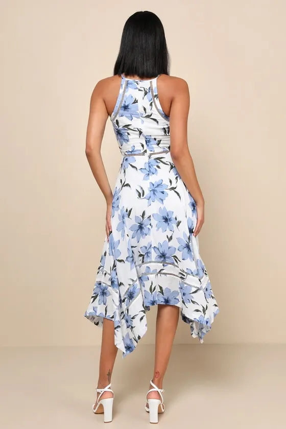 Zahara Blue and White Floral Print Midi Dress sold by Lulus product image thumbnail 3