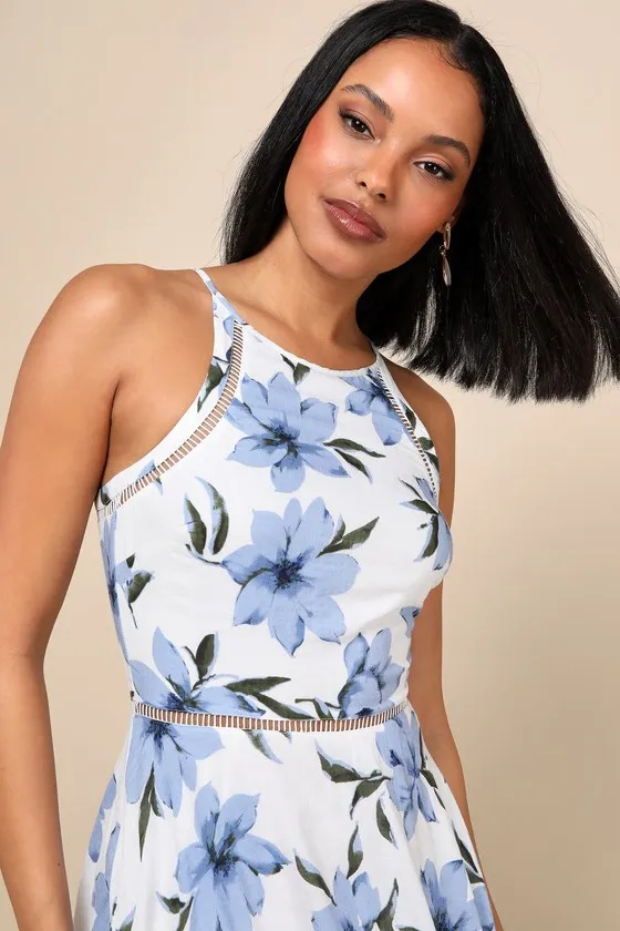 Zahara Blue and White Floral Print Midi Dress sold by Lulus product image thumbnail 4