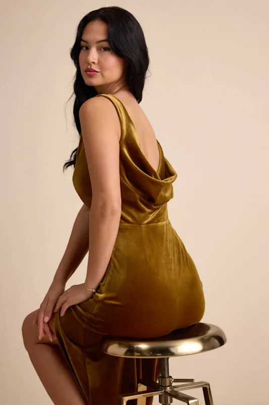 Zoraia Olive Velvet Cowl-Back Sleeveless Maxi Dress sold by Lulus