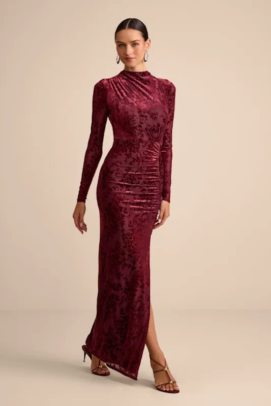 Neilina Burgundy Velvet Jacquard Mock Neck Maxi Dress sold by Lulus