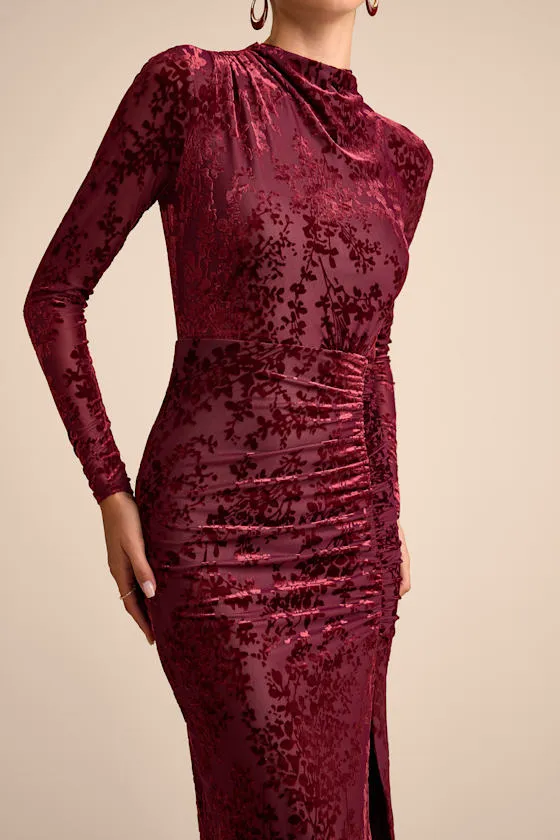 Neilina Burgundy Velvet Jacquard Mock Neck Maxi Dress sold by Lulus product image thumbnail 2