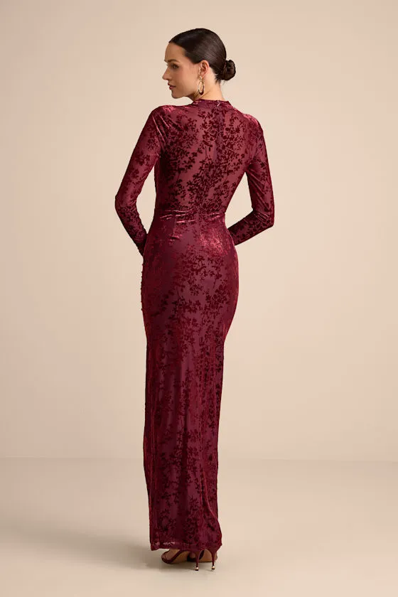 Neilina Burgundy Velvet Jacquard Mock Neck Maxi Dress sold by Lulus product image thumbnail 3