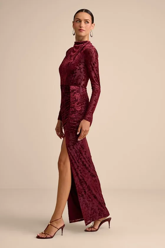 Neilina Burgundy Velvet Jacquard Mock Neck Maxi Dress sold by Lulus product image thumbnail 4