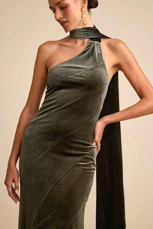 Eleni Dusty Olive Velvet One-Shoulder Sash Maxi Dress sold by Lulus