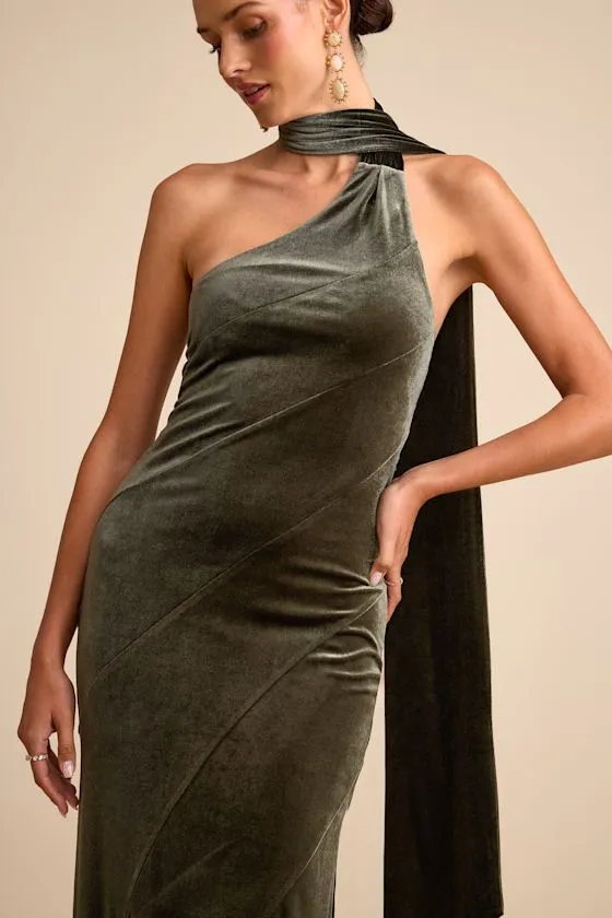 Eleni Dusty Olive Velvet One-Shoulder Sash Maxi Dress sold by Lulus