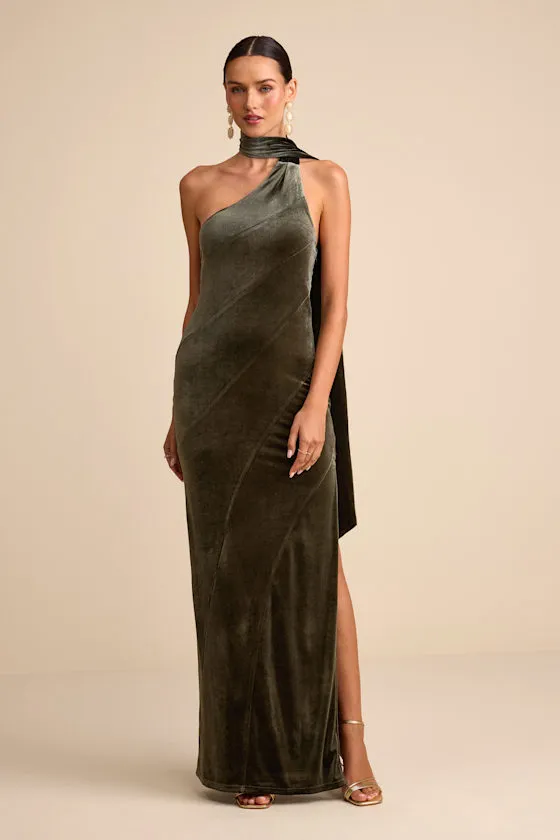 Eleni Dusty Olive Velvet One-Shoulder Sash Maxi Dress sold by Lulus product image thumbnail 2