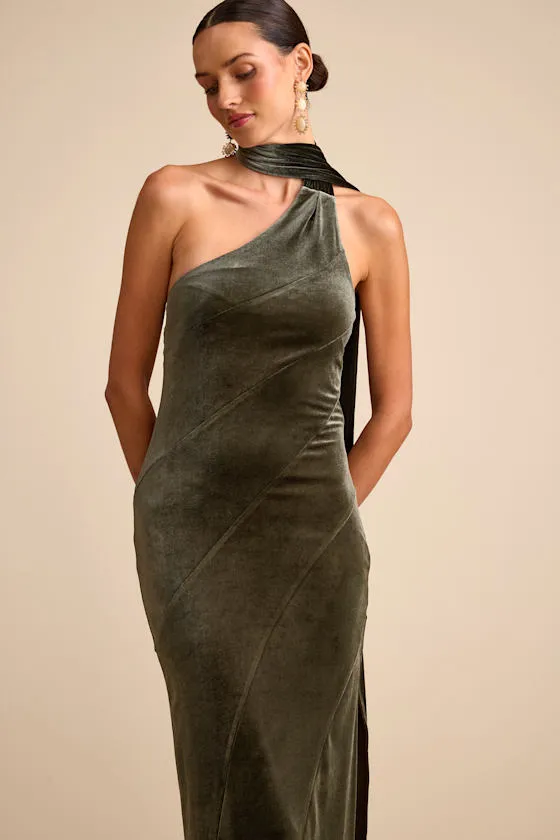 Eleni Dusty Olive Velvet One-Shoulder Sash Maxi Dress sold by Lulus product image thumbnail 3