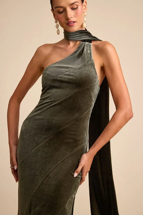 Eleni Dusty Olive Velvet One-Shoulder Sash Maxi Dress sold by Lulus product image thumbnail 4