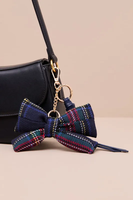 Plaid Navy Bow Key Ring Bag Charm sold by Lulus