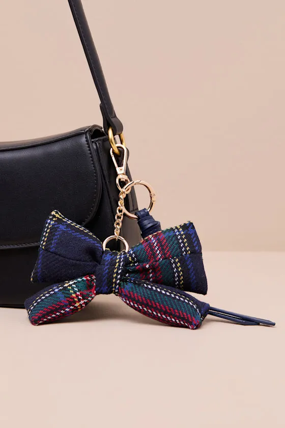 Plaid Navy Bow Key Ring Bag Charm sold by Lulus