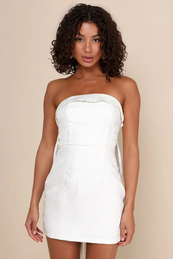 Chic Destiny Ivory Floral Jacquard Strapless Bow Mini Dress sold by Lulus