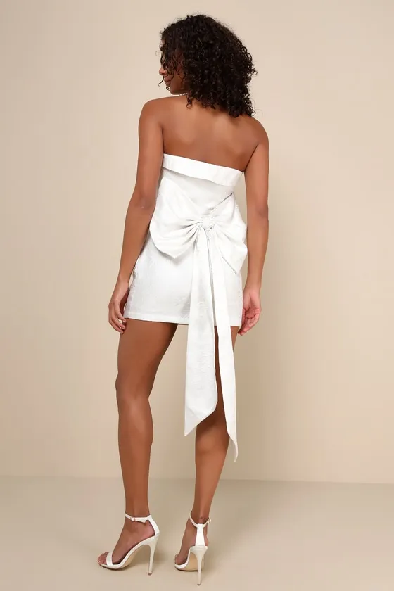 Chic Destiny Ivory Floral Jacquard Strapless Bow Mini Dress sold by Lulus product image thumbnail 3