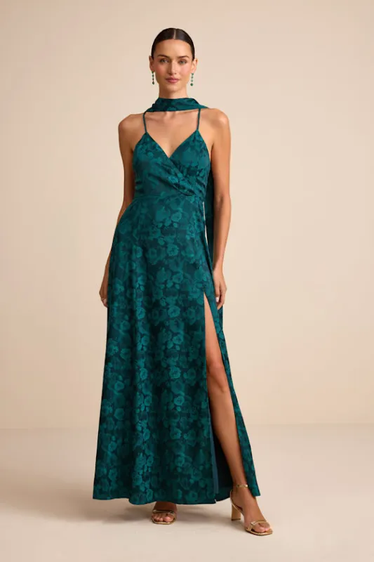 Mahira Emerald Satin Jacquard Surplice Sash Scarf Maxi Dress sold by Lulus