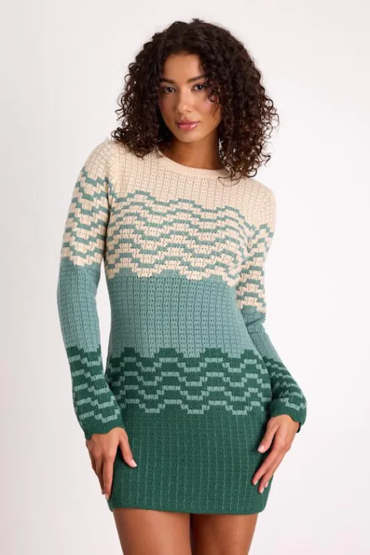 Amabel Dark Green and Beige Color Block Sweater Mini Dress sold by Lulus