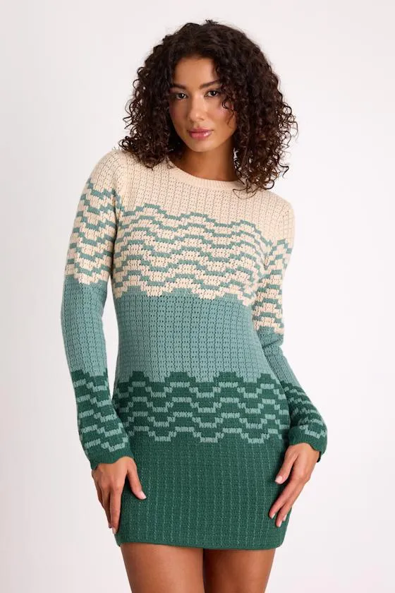 Amabel Dark Green and Beige Color Block Sweater Mini Dress sold by Lulus