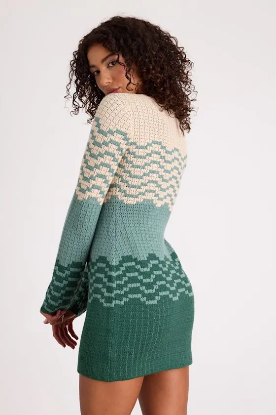 Amabel Dark Green and Beige Color Block Sweater Mini Dress sold by Lulus product image thumbnail 2