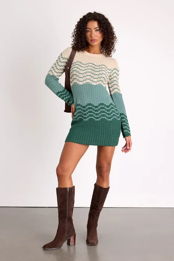Amabel Dark Green and Beige Color Block Sweater Mini Dress sold by Lulus product image thumbnail 3