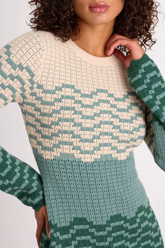 Amabel Dark Green and Beige Color Block Sweater Mini Dress sold by Lulus product image thumbnail 4