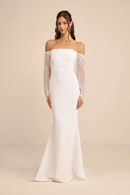 Anabella White Off-the-Shoulder Mermaid Maxi Dress sold by Lulus