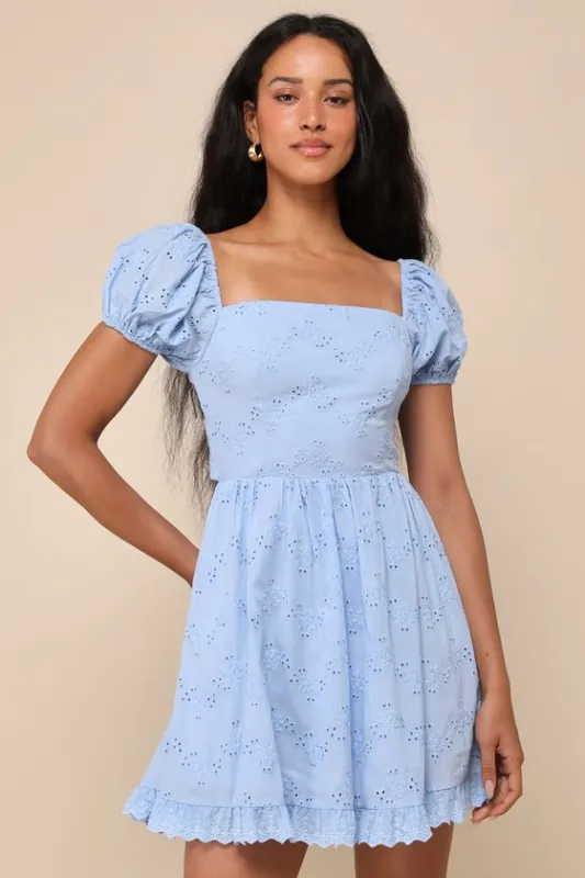 Adorable Forecast Light Blue Embroidered Tie-Back Mini Dress sold by Lulus