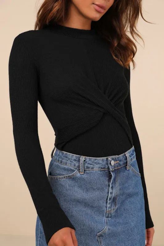 Twist Time Black Ribbed Twisted Mock Neck Long Sleeve Bodysuit sold by Lulus