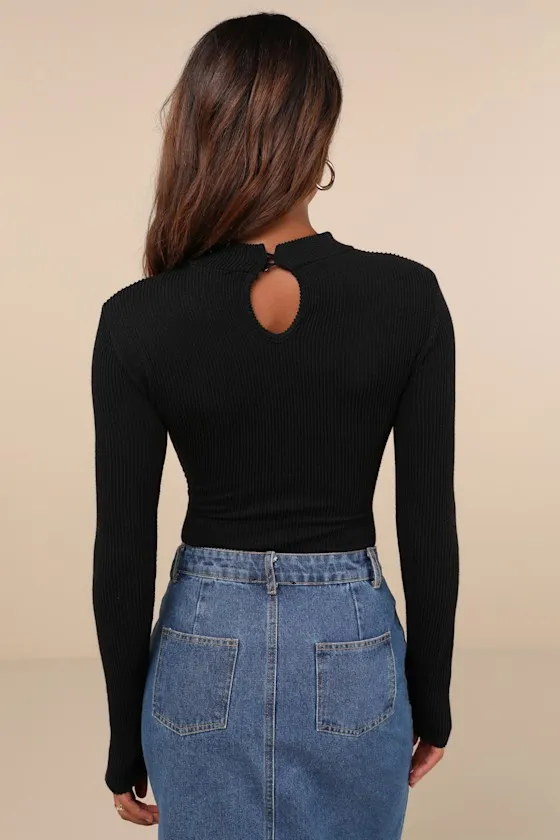 Twist Time Black Ribbed Twisted Mock Neck Long Sleeve Bodysuit sold by Lulus product image thumbnail 2