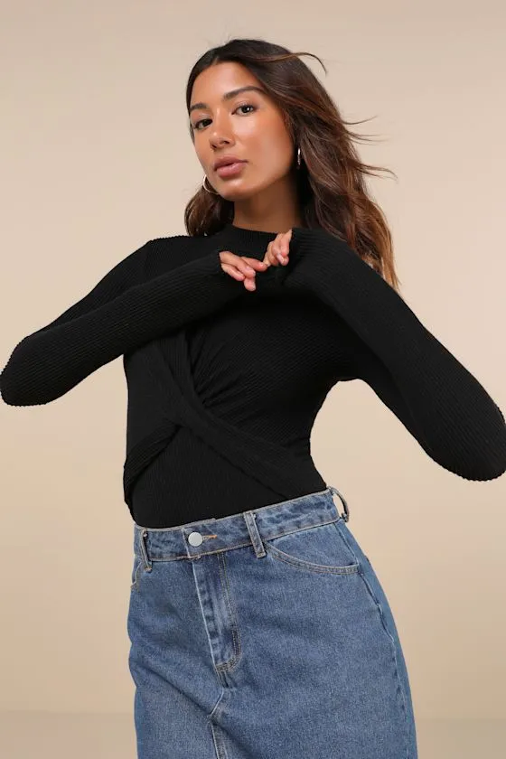 Twist Time Black Ribbed Twisted Mock Neck Long Sleeve Bodysuit sold by Lulus product image thumbnail 3