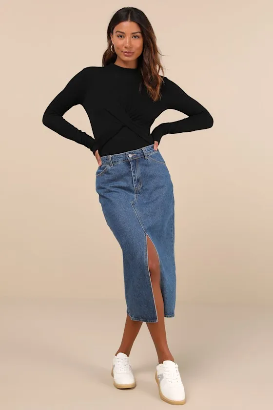 Twist Time Black Ribbed Twisted Mock Neck Long Sleeve Bodysuit sold by Lulus product image thumbnail 4