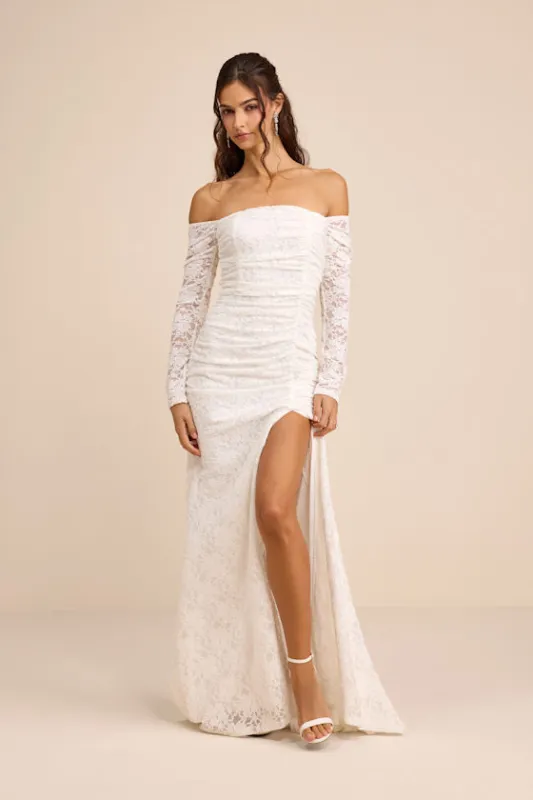 Jolena White Lace Off-the-Shoulder Ruched Maxi Dress sold by Lulus
